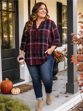 Zac & Rachel Woman 1X Plaid Blouse Burgundy Black Henley Roll Tab Long Sleeve